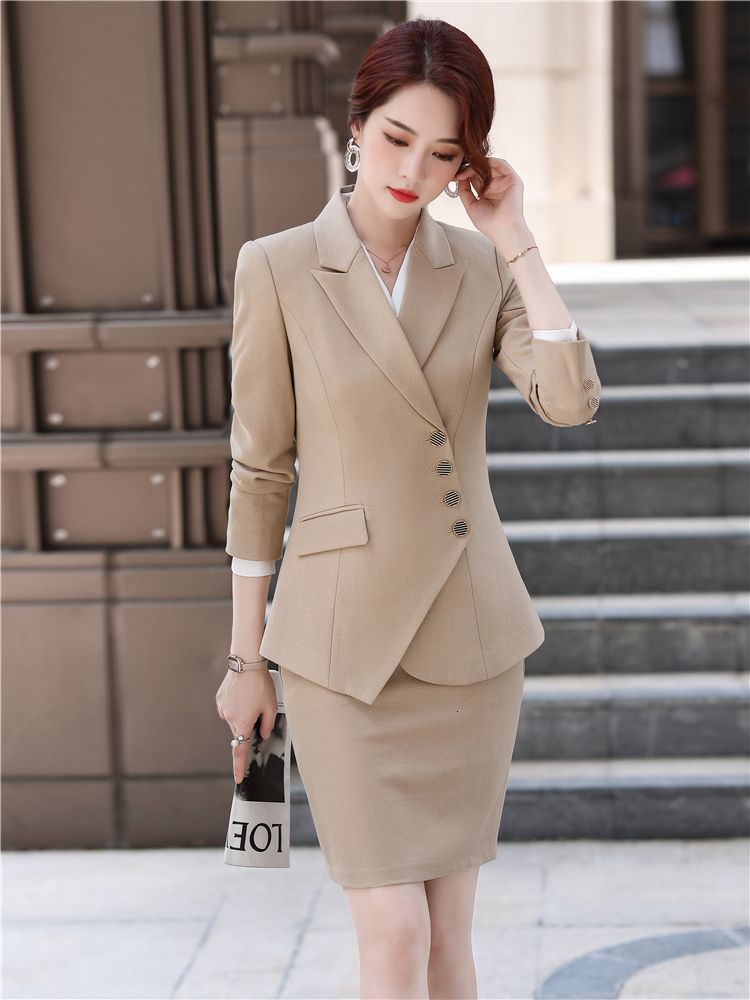 khaki skirt suit