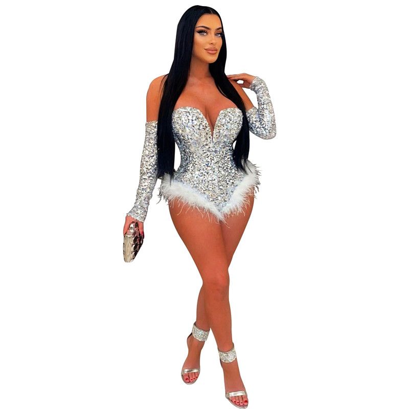 Vit silver sexig bodysuit