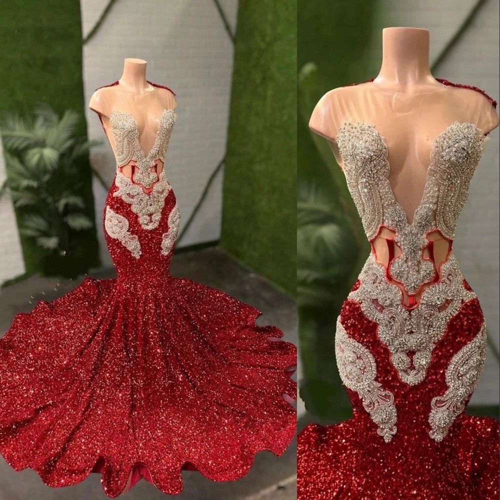 Red O Neck Long Prom Dress For Black Girls 2023 Beaded Crystal Birthday  Party Dresses Ruffles Evening Gowns Mermaid High Slit