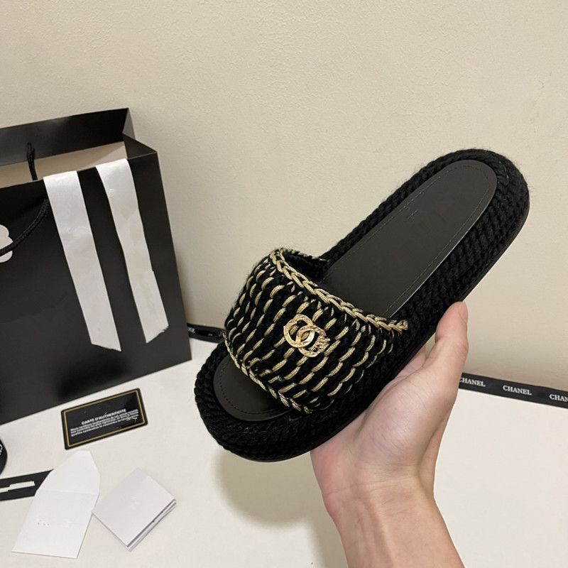 Chanel Black Braided Knit Tweed Logo Sandals Slides Mules