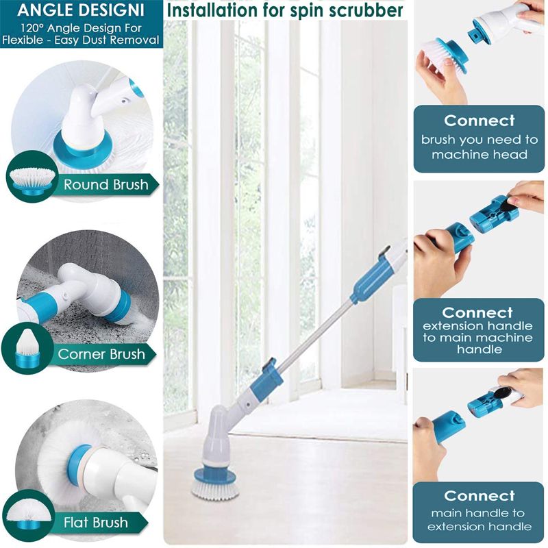 Electric Spin Scrubber Cordless Rechargeable Bathroom Scrubber Cleaning  Brush Multi-functional with Replaceable Brush Heads Extension Handle 