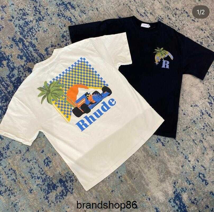 Mens T Shirts Rhude Summer Coconut Tree Racing High Street Leisure Loose  Round Neck Couple Short Sleeve From Brandshop86, $19.19