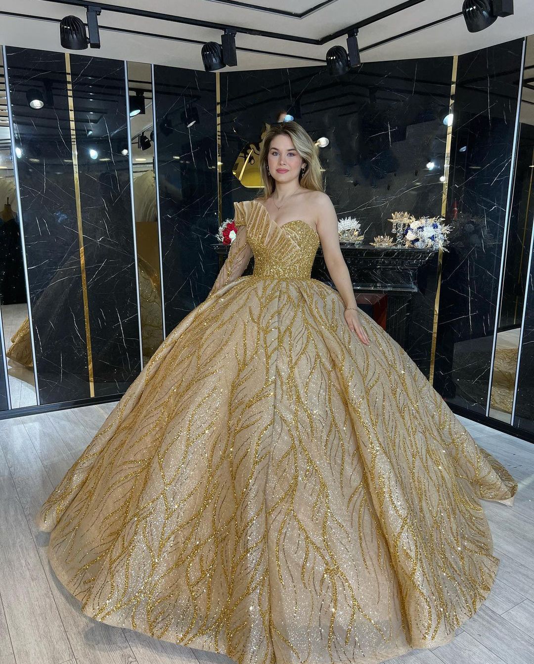 Glamorous Gold Satin Appliques Ball Gown,Formal Prom Evening Dress Y8326 main image 0