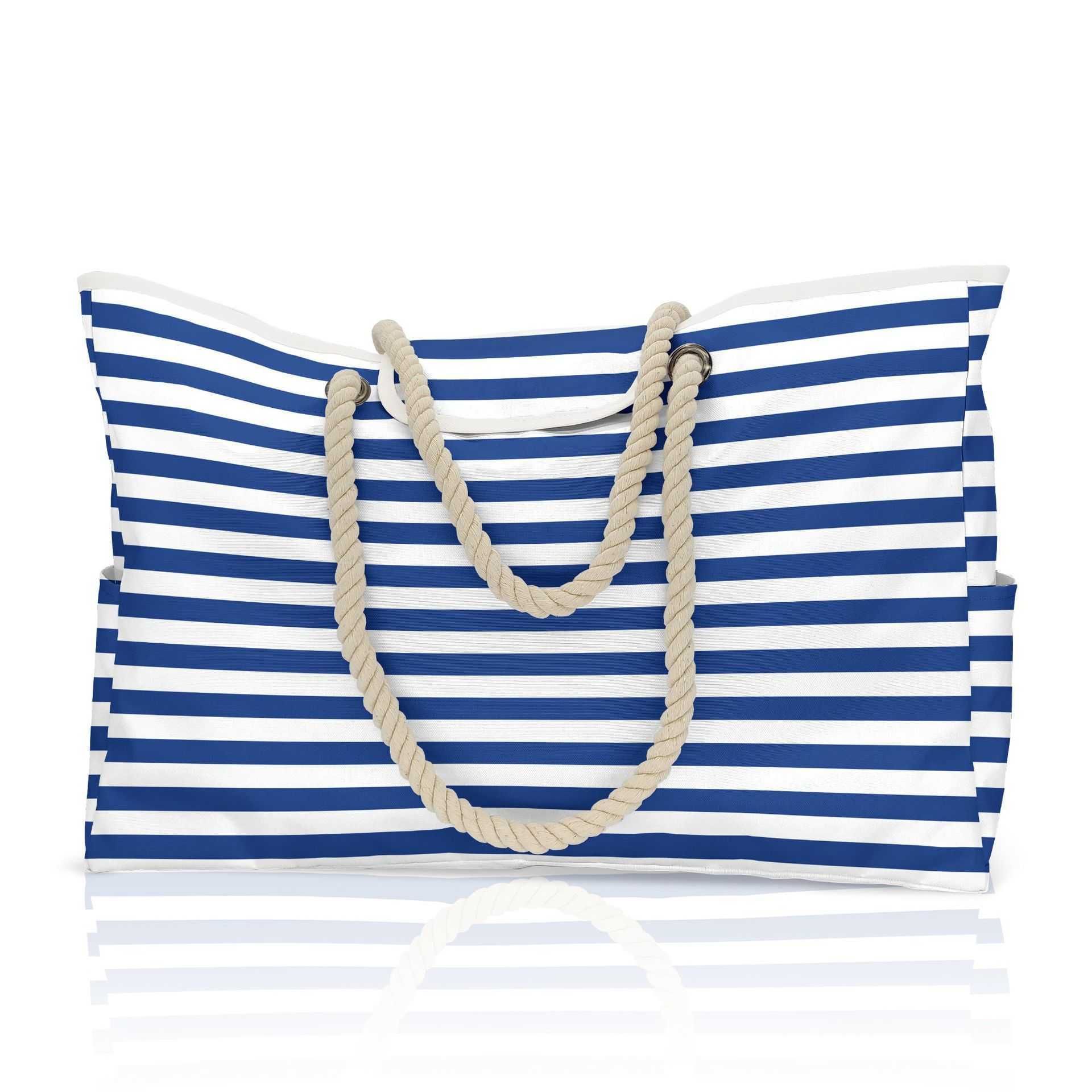 bolsa de praia - listra azul e branca