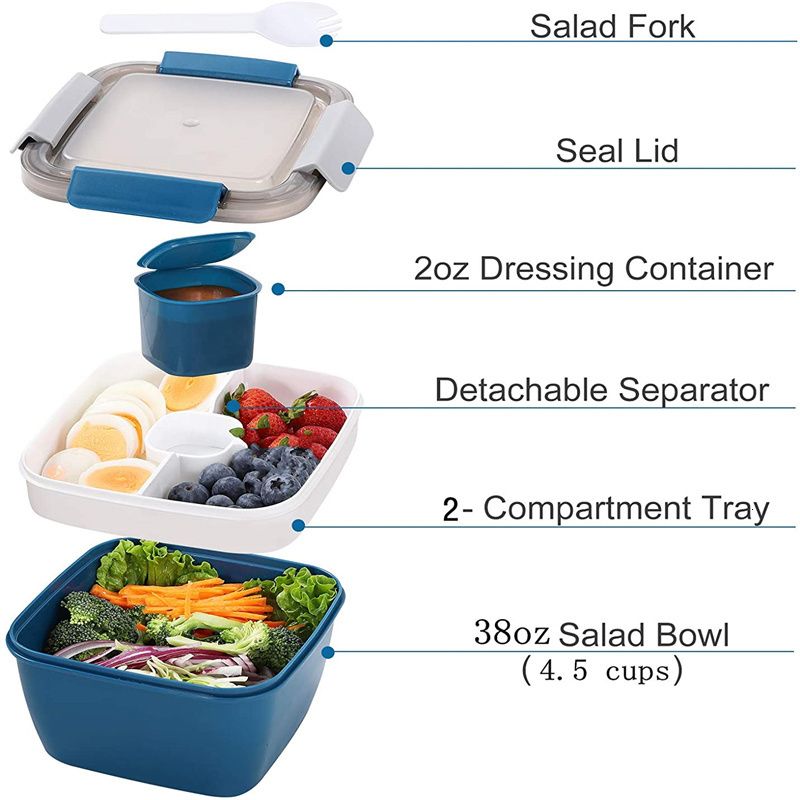 Leak-proof Box Salad Container - 3 Compartments, Dressing Container,  Microwave-safe