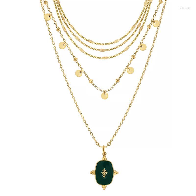 Pendant Necklaces Green Enamel Sqaure Necklace For Women Stainless Steel Layered Dainty Elegant Summer Jewelry 2023_voghion.com