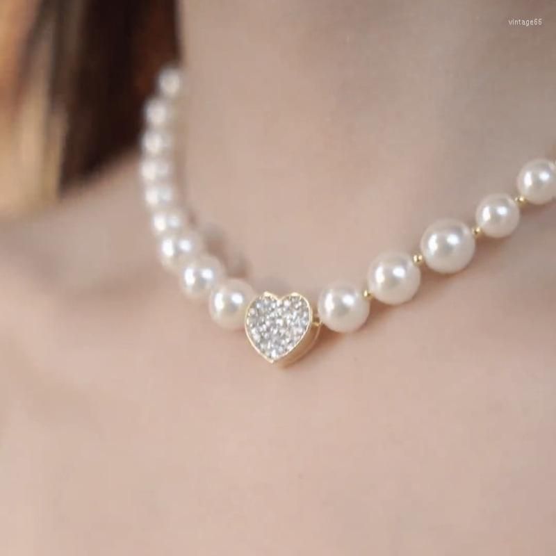Korean ElegantPearl Heart Necklace For Women Ladies Fashion Rhinestone  Heart Pendent Necklace Choker Jewelry