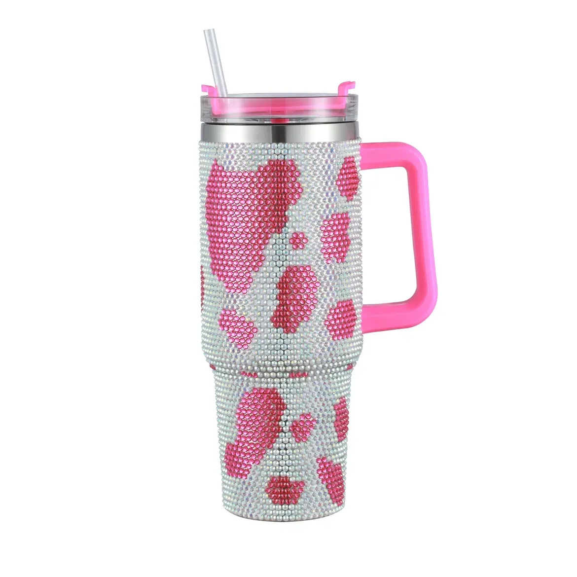 Pink 40oz Rhinestone Tumbler, Pink Cow Print