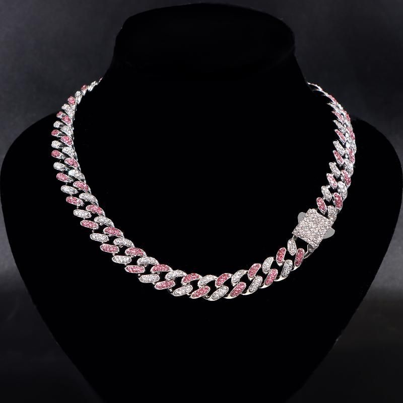 Chains Fashion Hip Hop Iced Out Pink Rhinestone Cuban Necklace For Women 13mm Sier Color Link Chain Men's Jewelry Gift_voghion.com