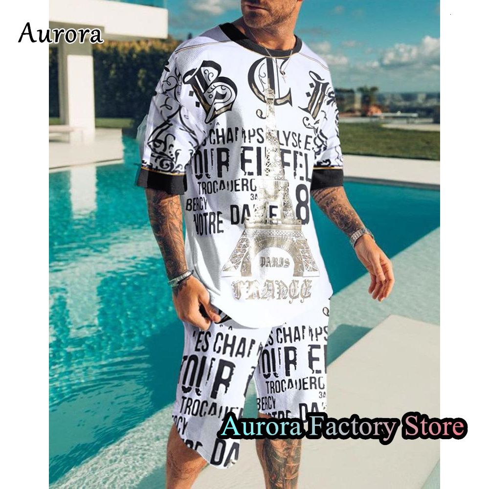 Summer Luxury Men Tracksuit 2 Pieces Vintage T-Shirt Trousers Set