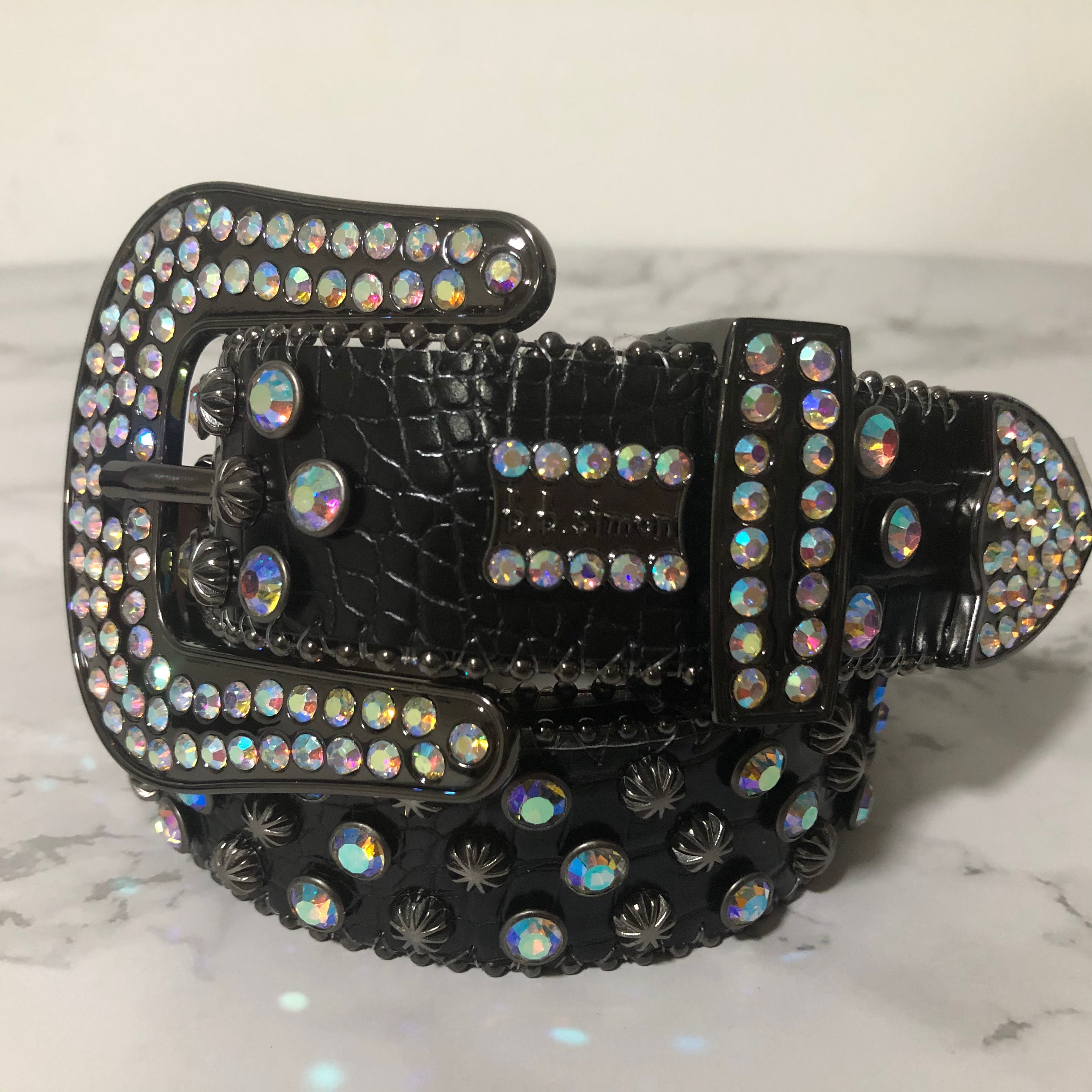 bb simon Silver Merry Leather Belt With Swarovski Crystals