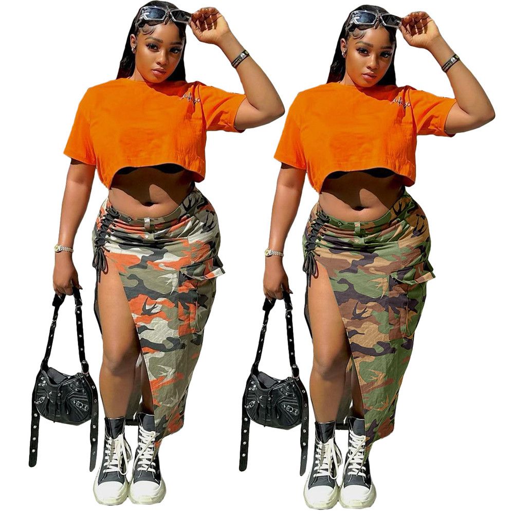 Designer Camo Long Skirt Summer Women New Style High Waist Split