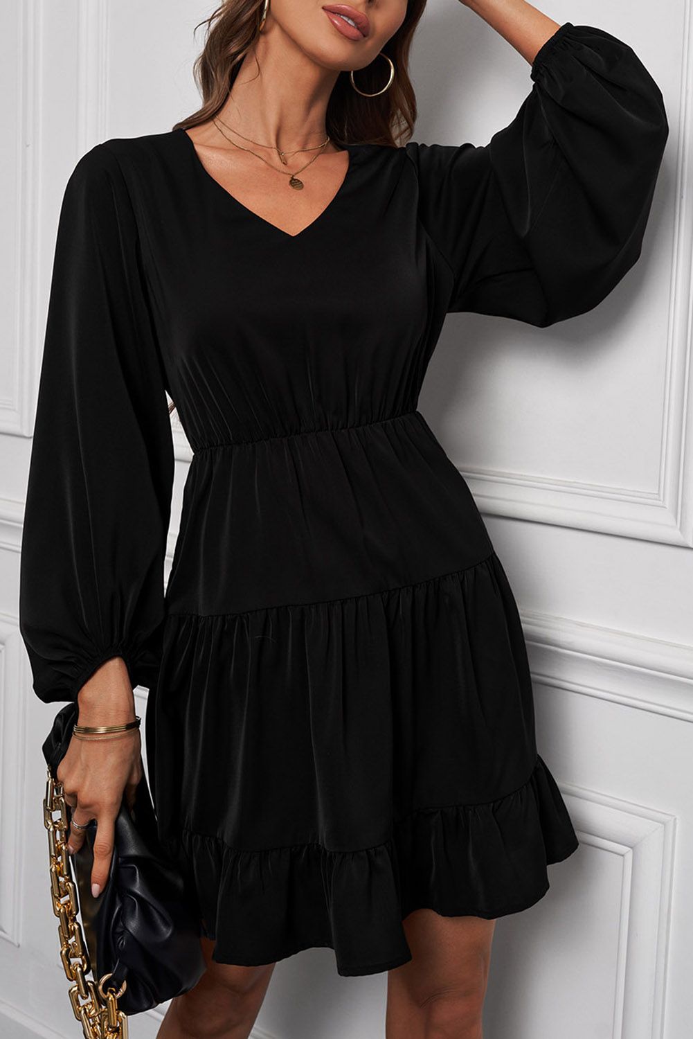 Black Tiered Ruffle Balloon Sleeve