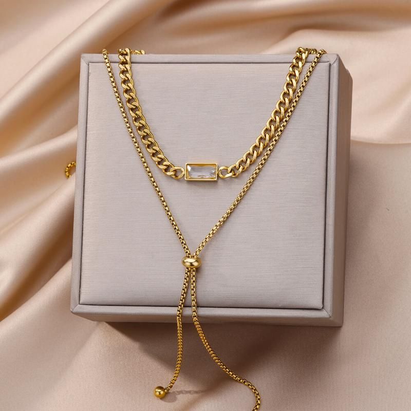 Collane con ciondolo in acciaio inossidabile, cristallo quadrato, zircone, per donna, collana girocollo a catena cubana multistrato, matrimonio_voghion.com