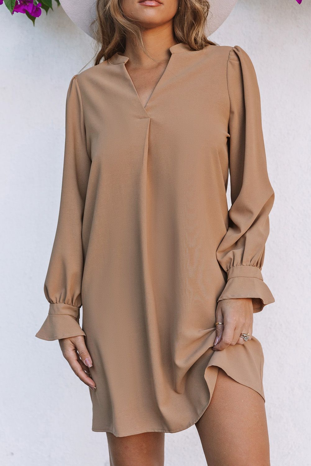 Apricot Split V Neck Ruffled Sleeve