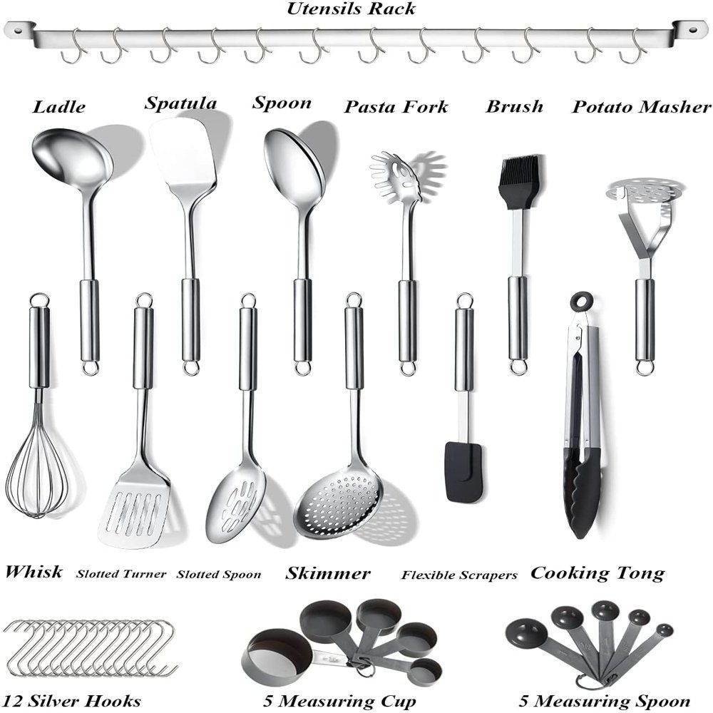 Stainless Steel Cooking Utensils Set,37 Pieces Kitchen Utensils Set, Kitchen  Tool Gadgets Set with Utensil Holder Non-Stick and Heat Resistant Dishwasher  Safe