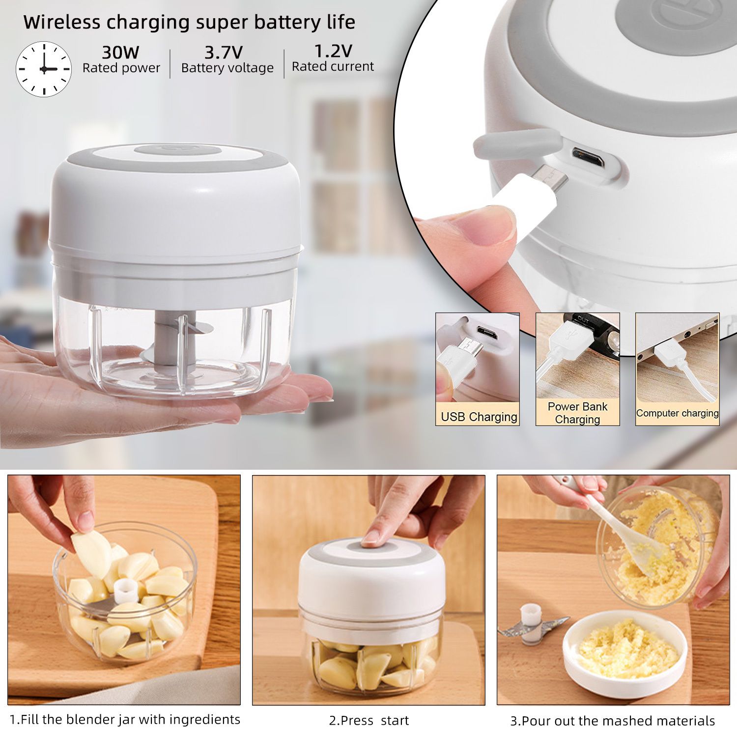 Upgraded Smart Electric Mini Food Garlic Vegetable Chopper Meat Grinder  Crusher Press For Nut Fruit Rechargeable Onion Multi-function Processor  Kitche