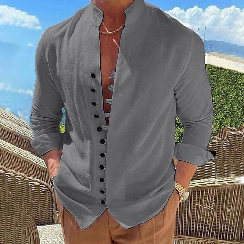 Camisas Casuales Para Hombres Verano Algodón Lino Hombres Blusa De Manga Larga Color Sólido Cuello Alto Ropa De Playa O Para De 15,78 € | DHgate