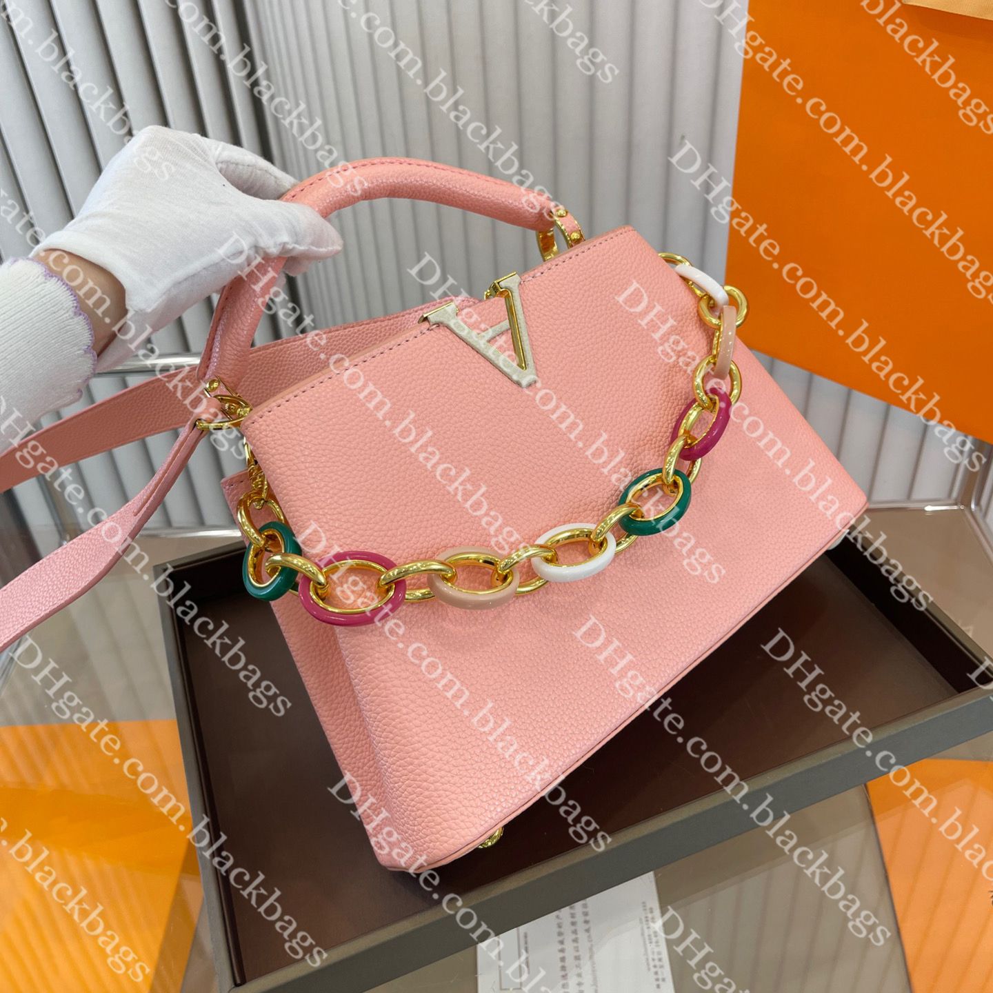 Pink Leather Handbag Women Designer Tote Bag Classic Metallic Letter  Handbags Top Quality Large Capacity Square Lady Bag With Colored Chain From  Blackbags, $73.08