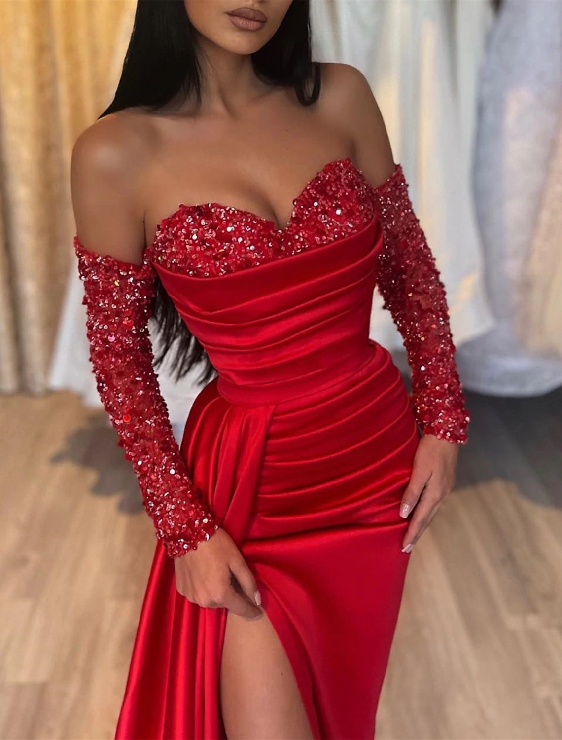 Shine Red Mujeres Vestido De Fiesta Noche Manga Larga Fuera Del Hombro Satén Fruncido Lentejuelas Hendidura Formal De Baile Robe De Soiree Vestidos De Feast De 109,6 € | DHgate