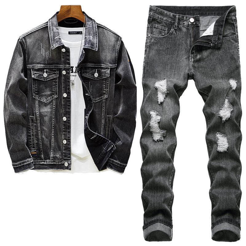 Retro Black Denim Jacket Jeans Two Piece Set For Men Simple Loose Cowboy  Coat And Hole Ripped Pants Size S 5XL Male Clothing From Iceyyoung, $63.62