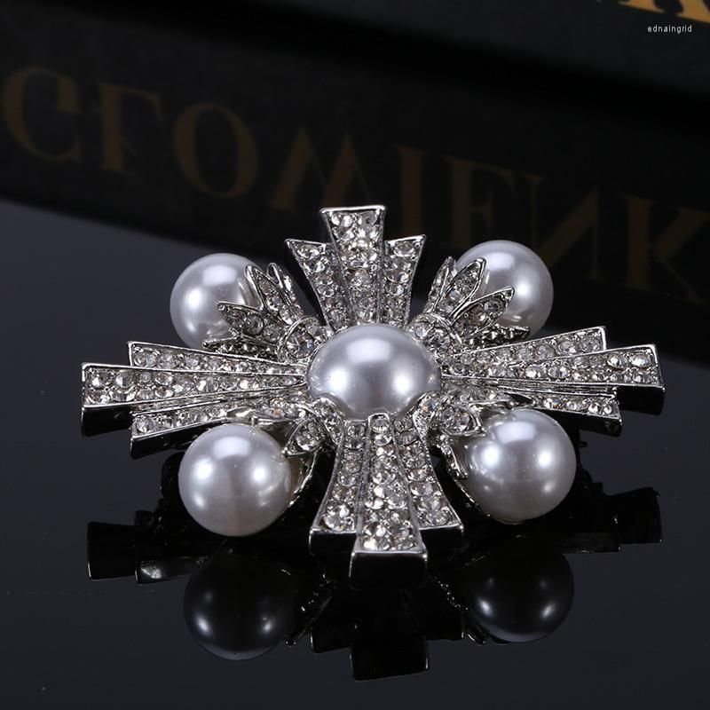 Retro Pearl Cross Brooch Pins for Women Fashion