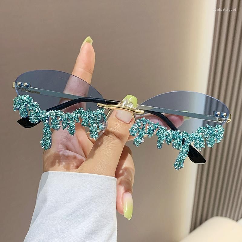 Irregular Round Sunglasses Women Gradient Fashion Sun Glasses Female  Rimless Metal Curved Temples Two Piece