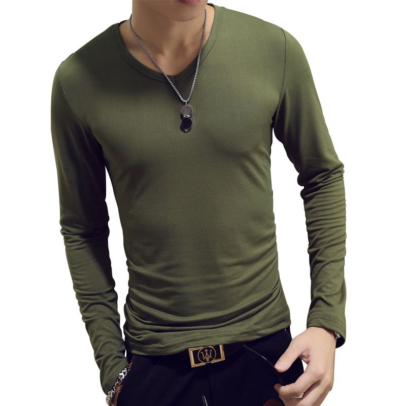 Manga longa verde do exército V-neck