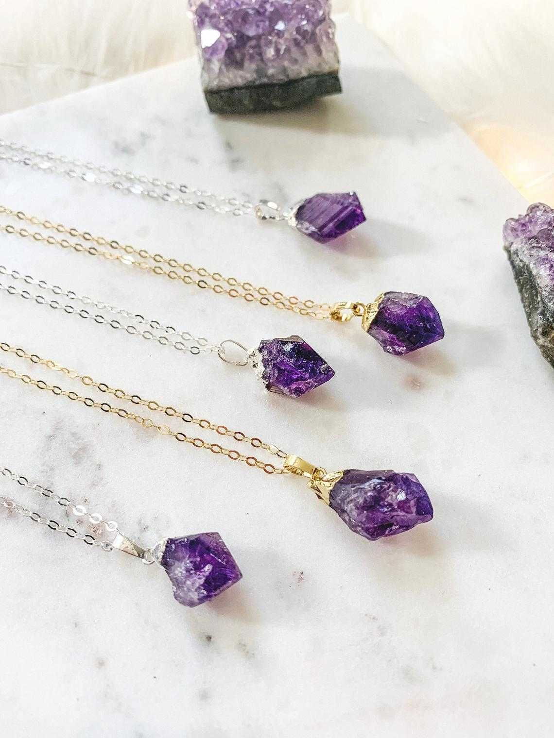 Amethyst-surowy S925 Silver Chain-18 cali