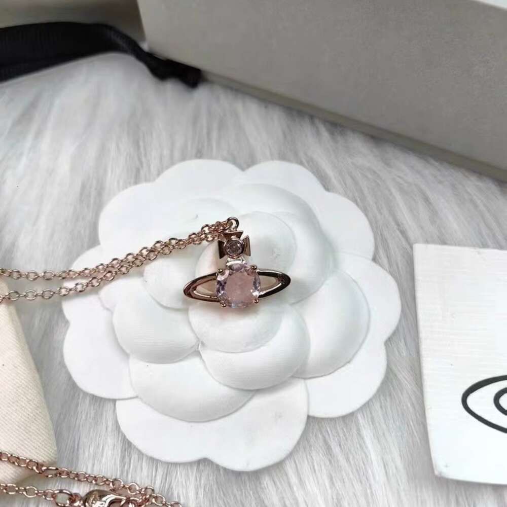 Rose Gold White Diamond Saturn Necklace