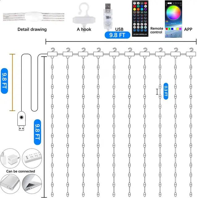 RGB-gardinbelysning-3m x1m 100LEDS