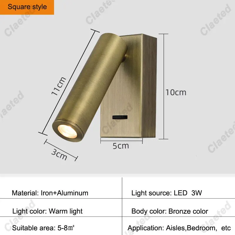 3W Luce calda stile Quadrato Bronzo