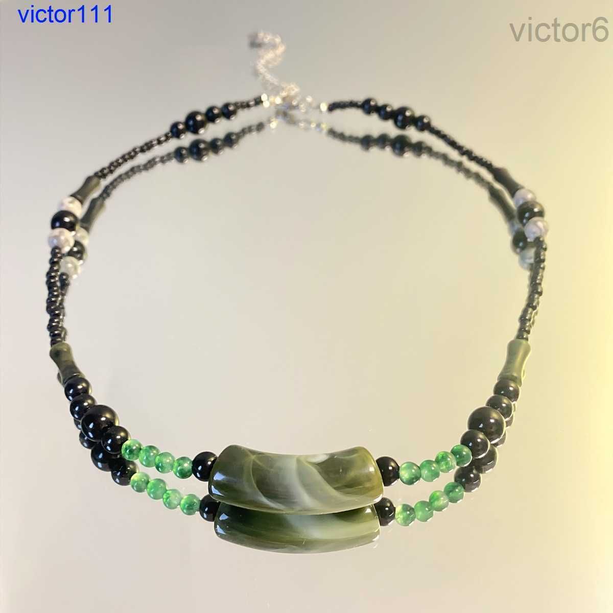 Dark Green Crescent Beaded Necklace