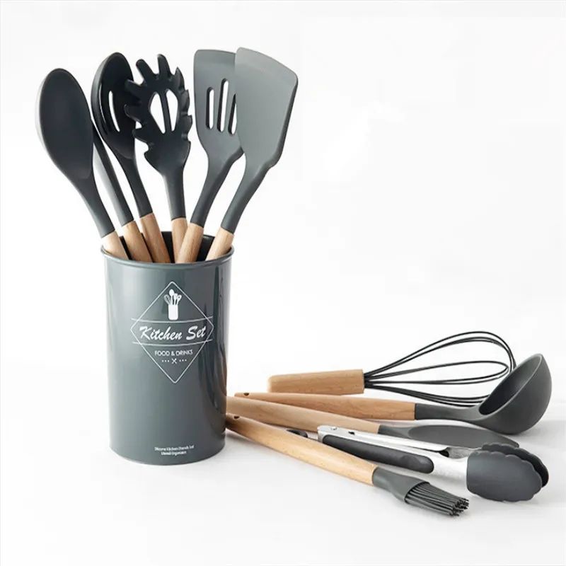 Silicone Cooking Utensils Set Black Non-Stick Spatula Shovel Wooden Handle  Cooking Set With Storage Box Kitchen Tool Accessories