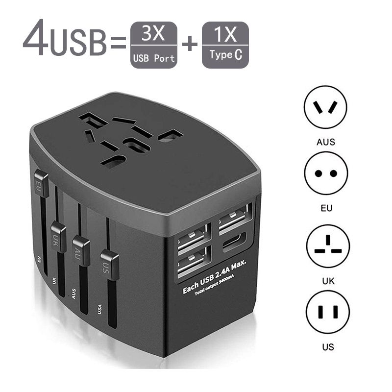 3usb 1 Type c Noir-Prise Universelle