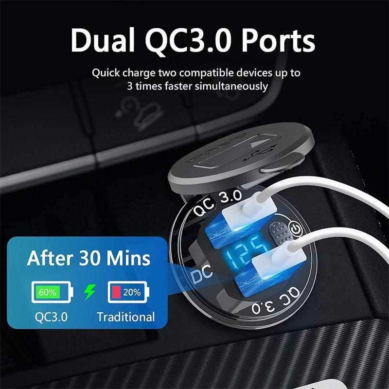 3 USB 3.0 Car Charger, 12V/24V 36W QC3.0 USB Charger Socket, 3 x USB 3.0  Socket Charger USB Outlet Fast Charge with 10A Wire Fuse Aluminum (Black)