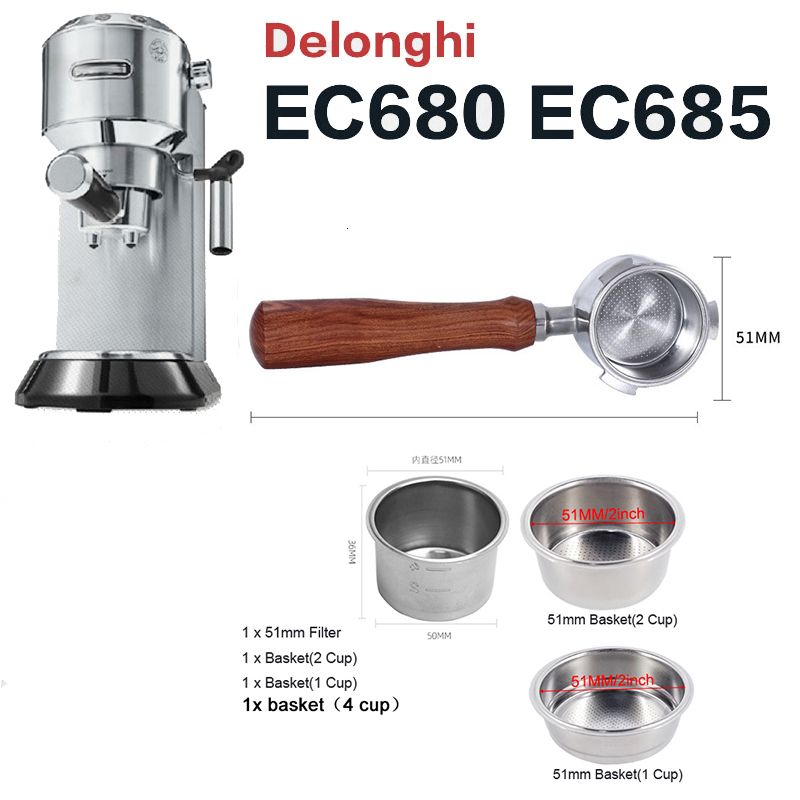 51mm Coffee Bottomless Portafilter For Delonghi EC680 EC685 Replacemen