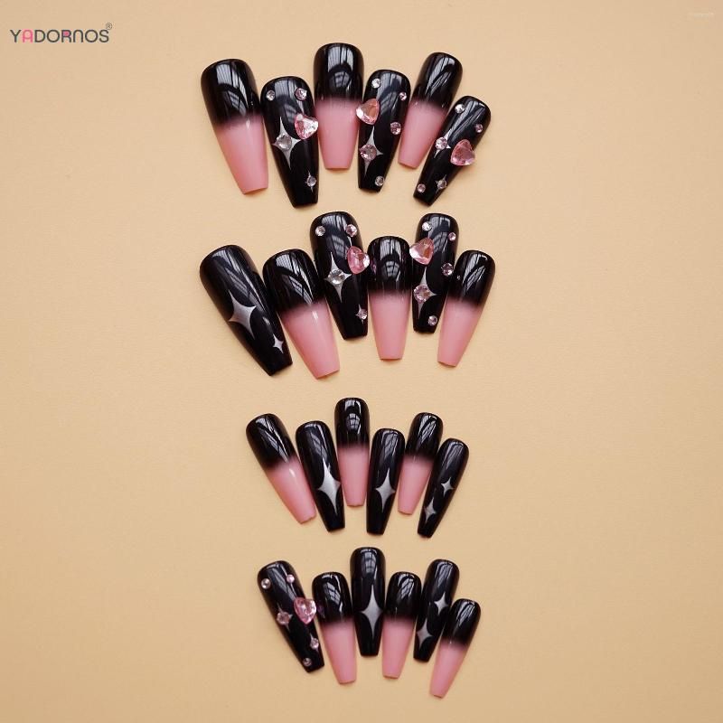 Pink with Black Heart False Nails Extra Long Coffin Artificial Press on  Nails