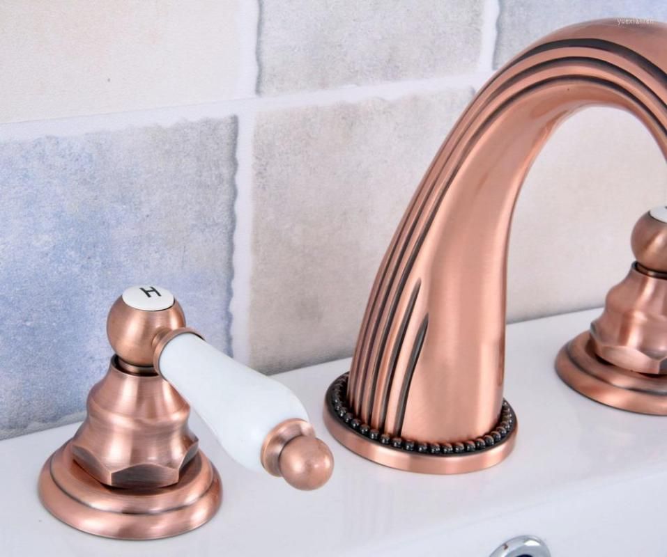 浴室のシンクの蛇口アンティーク赤銅真鍮デッキマウント広範囲洗面器の蛇口 穴ミキサータップデュアルセラミックハンドルレバー  ASF538を￥14,485 DHgate