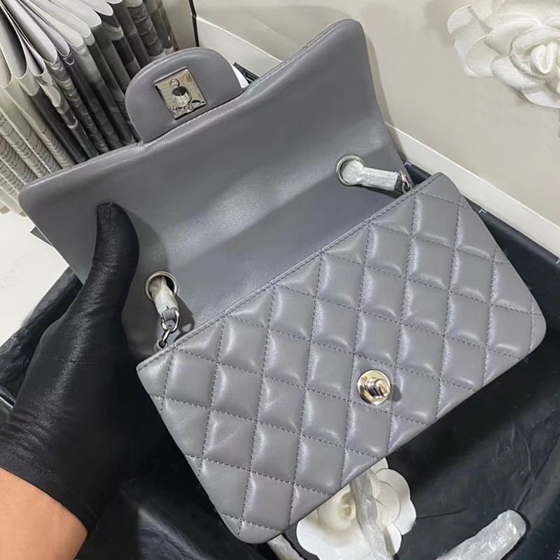 Gray lambskin,silver hardware