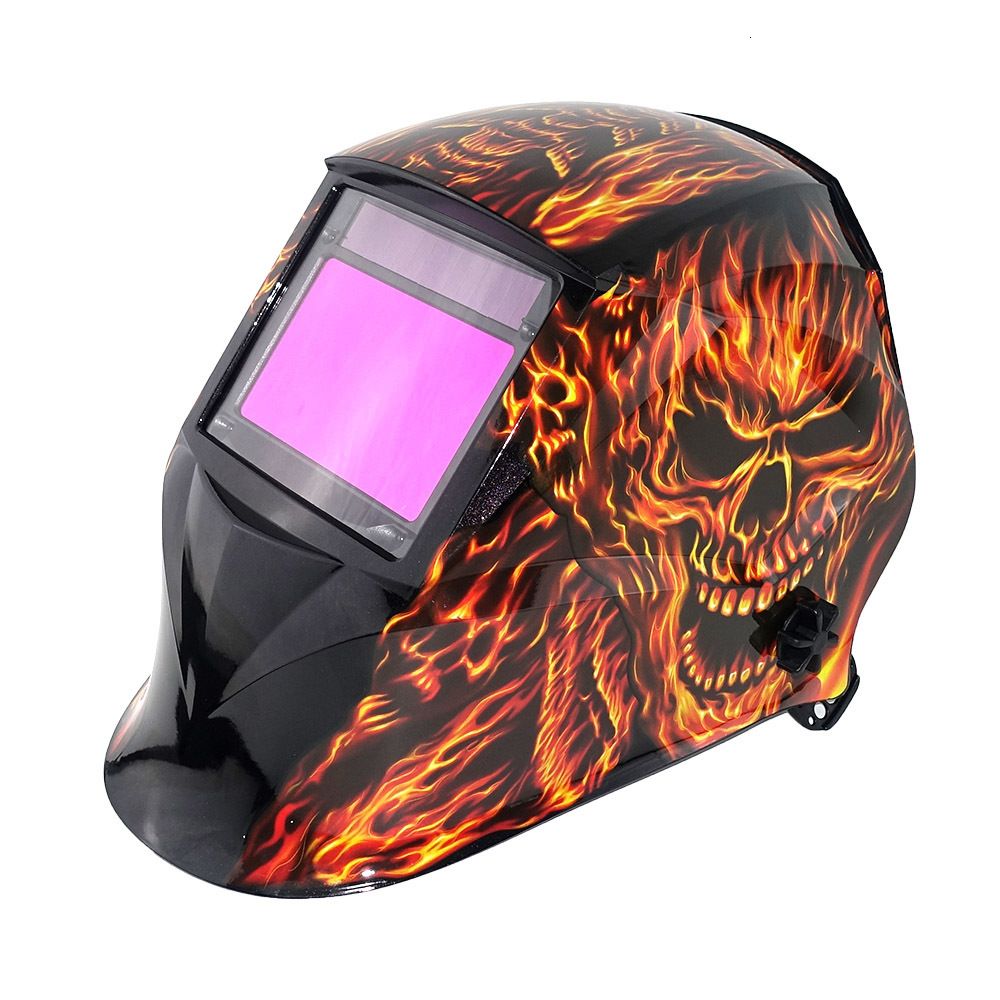 Auto Darkening Welding Helmet - 100x65mm View, 4 Sensors, Solar Powered, Grinding Mode, Robot Skull Design