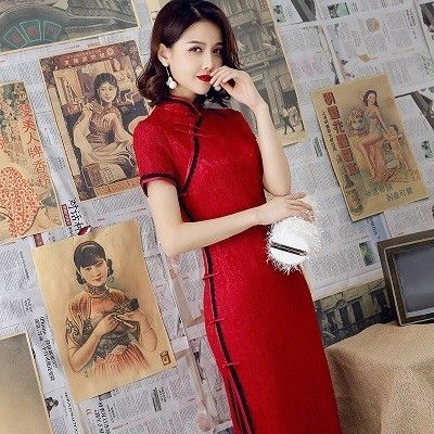 ワインレッドレースQipao m