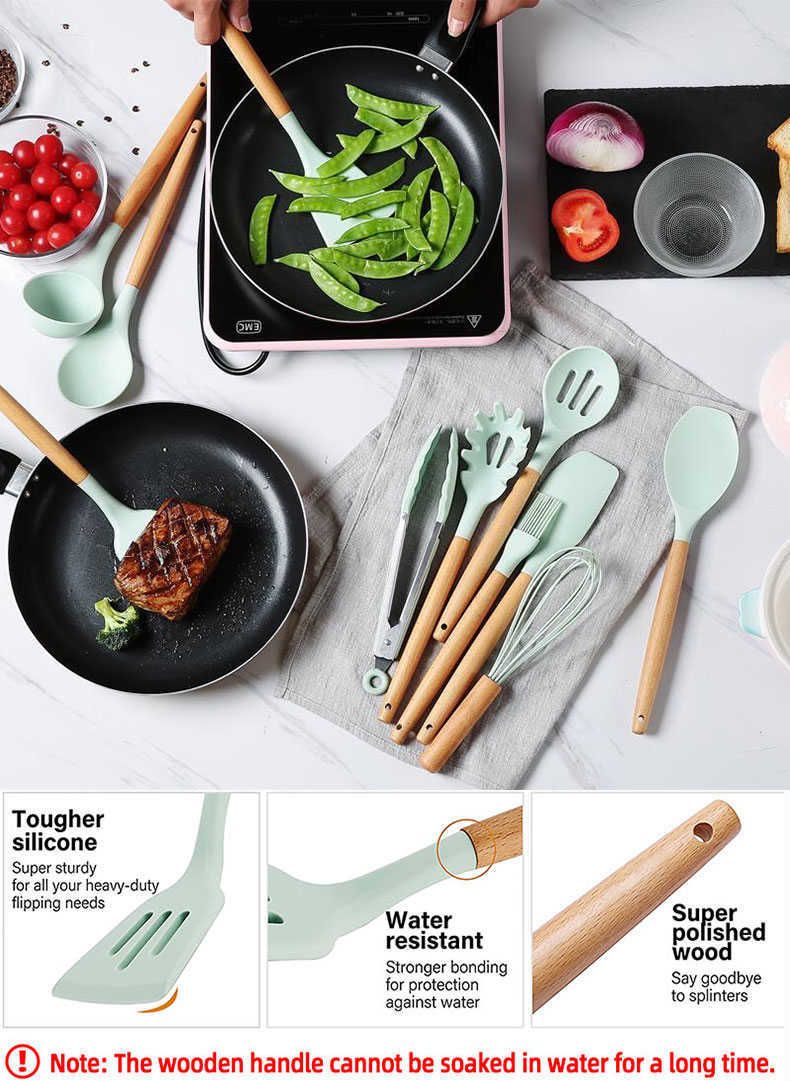 Cooking Tool Non Toxic Turquoise Kitchen Utensils Silicone Wooden Silicone  Spatula Spoon Nonstick Kitchen Accessories Bbq Gadgets L230621 From  Catherine08, $27.5