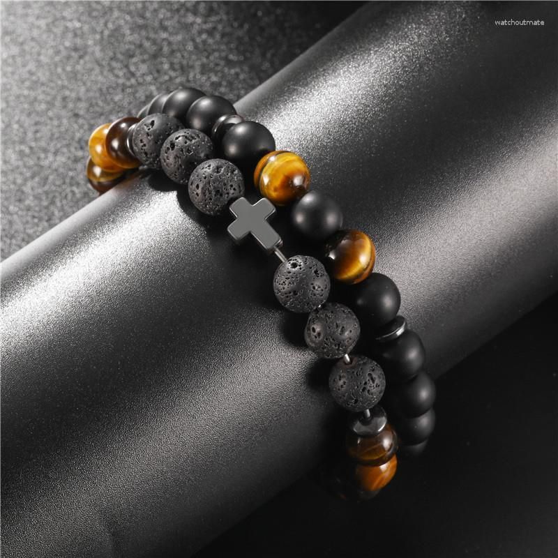 Punk Beaded Beaded Bracelets With Charms Set For Men Lava Tiger Eye Stone  Bangle Jewelry Gift From Watchoutmate, $10.48
