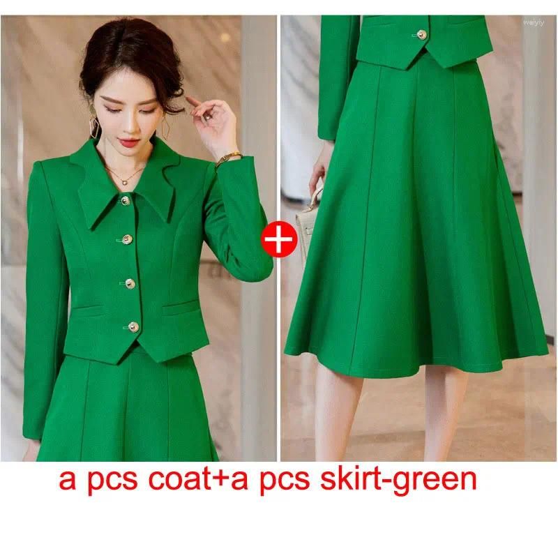 green coat and skirt