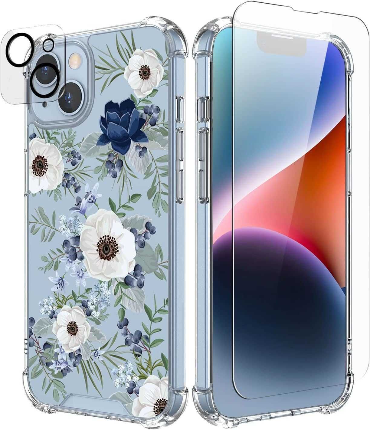 iPhone 13/14 niebiesko-biały kwiatowy