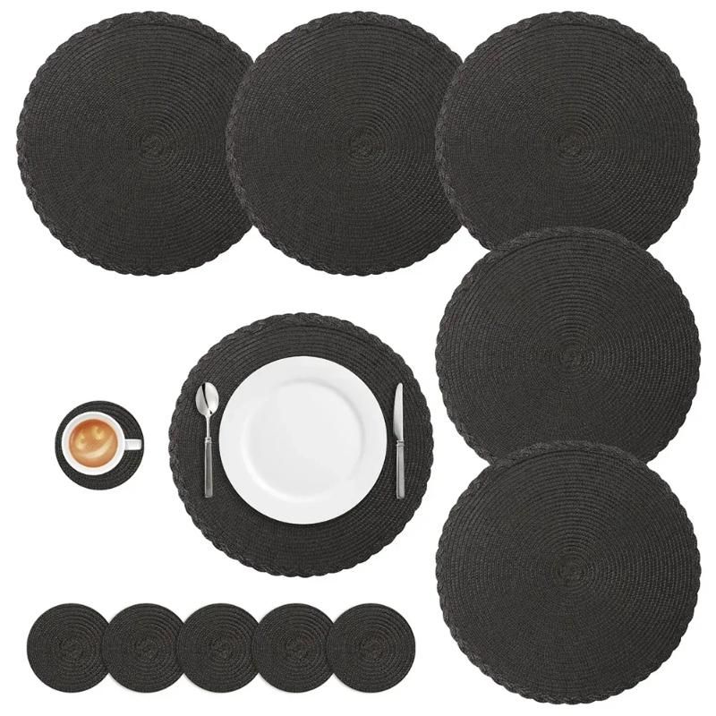 6xPlacemat 6xCoaster Round CHINA Black