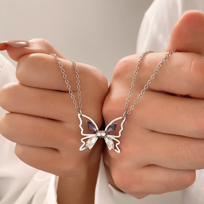 Catene Moda Farfalla Magnetica Coppia Collana Zircone Lucido Ciondolo Clavicola Catena Per Donne Romantica Amicizia_voghion.com