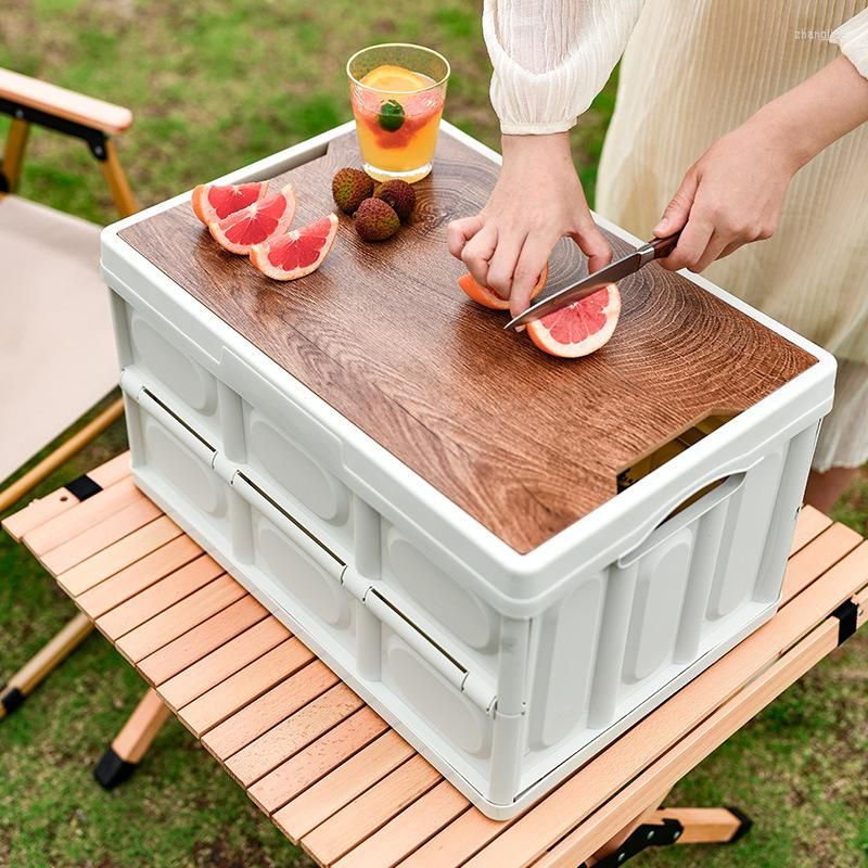 Outdoor Camping Folding Box With Wooden Lid Car Storage Box Food