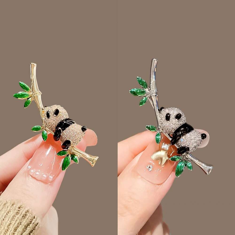 Red Panda Green Bamboo Brooch Gold